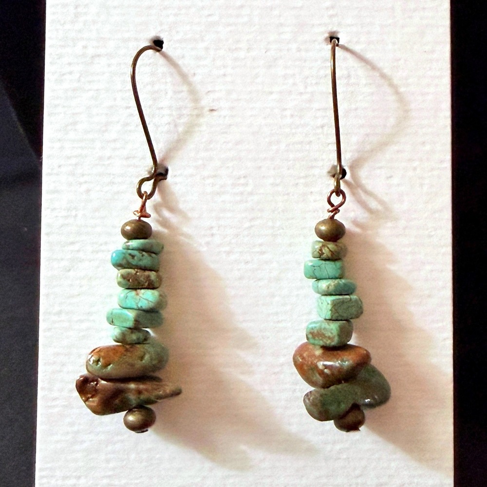 Turquoise Brass Bead Dangle Earrings Southwestern Stephanie Aune Artist‎ J3020